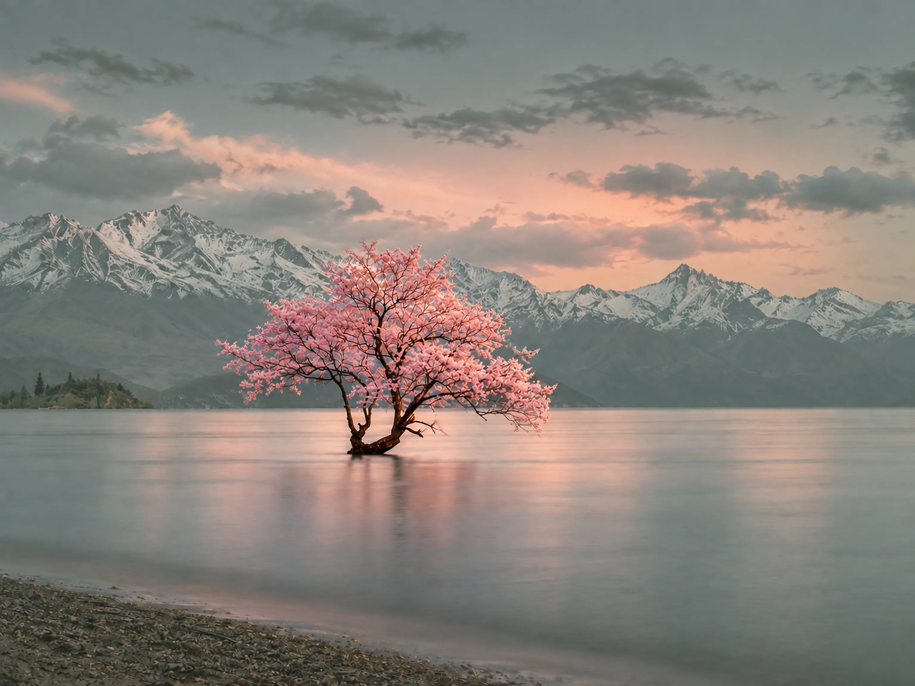 A lone tree standing in still water beneath snow-capped mountains