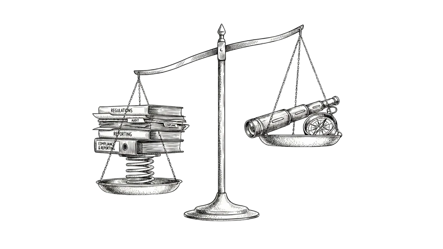 An engraved balance scale. The left pan, weighed down on a spring, holds binders labelled Regulations, Audit, Reporting and Compliance & Reporting; the right pan, raised, holds a telescope and a compass.